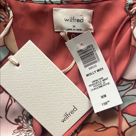 NWT’S Wilfred Molly Midi Puff-sleeve, babydoll midi dress Soft Iris/Poetic Pink - Picture 9 of 11